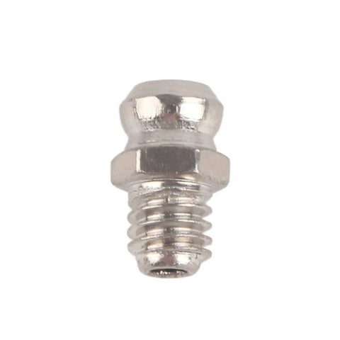 Close-up of a steel grease nipple from the Grease Zerk Kit 10 Pieces Metal Grease Fittings For M6 Straight Grease Gun Accessories Nozzle Tips