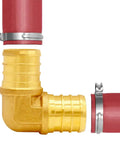 Brass Pex Crimp Fitting Kit Half Inch 28 Piece Set With Straight Elbow Tee And Four Way Fittings, close-up of elbow fitting
