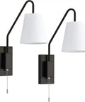Hardwired Sconce Set of 2 for Bedside Wall Mount With Pull Chain, sloped arm reading lamps, white fabric shade, E26 socket