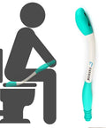 Illustration of Long Reach Toilet Aid for Easy Wiping Extends Your Reach Over 15 Inches beside ergonomic aid with green cushioned handle.
