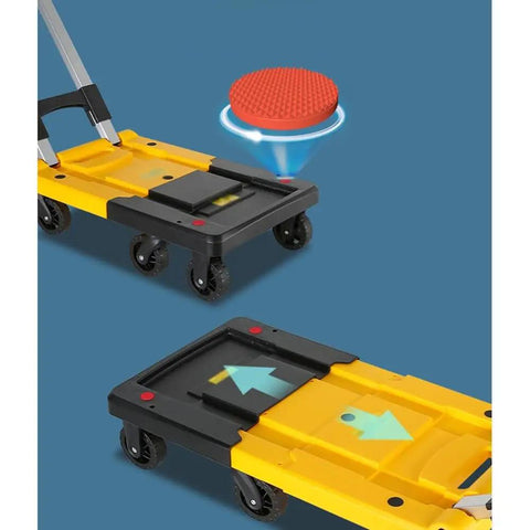 Heavy Duty Folding Trolley Cart With Slick Nylon Rollers And Sturdy Aluminum Frame Telescoping Grip sliding deck, detail of yellow and black platform.