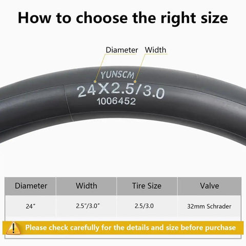 Sizing guide for Beefy Fat Bike Inner Tubes 24 X 2.5 To 3.0 With Schrader Valve AV32mm Butyl Rubber Heavy Duty 2-Pack.