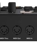 Back panel of Dope 16 Track Drum Machine And Sampler With MIDI Sequencer Per Track LFOs showing ports and connections.