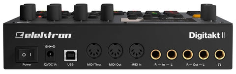Back panel of Dope 16 Track Drum Machine And Sampler With MIDI Sequencer Per Track LFOs showing ports and connections.