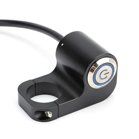 Ride Ready 22mm Stainless Steel Motorcycle Spot Light Switch With Blue Indicator Light, handlebar clamp visible