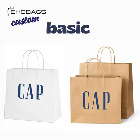 Custom Kraft Paper Gift Bags with handles and logo, two brown and one white, full branding up to five sides.