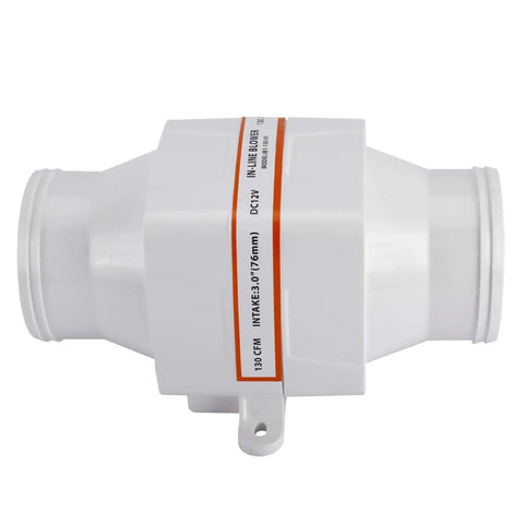 Heavy Duty Inline Marine Bilge Blower Fan DC 12 Volt 130 Cfm Slick White Abs Housing with intake measurement and mounting