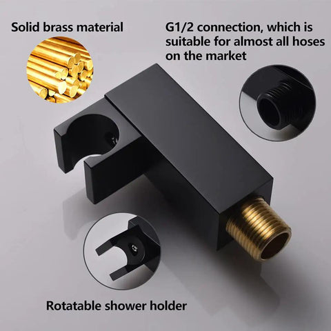 Matte black adjustable solid brass bracket for Brass Handheld Shower Head Kit with G1/2 connection shown close up