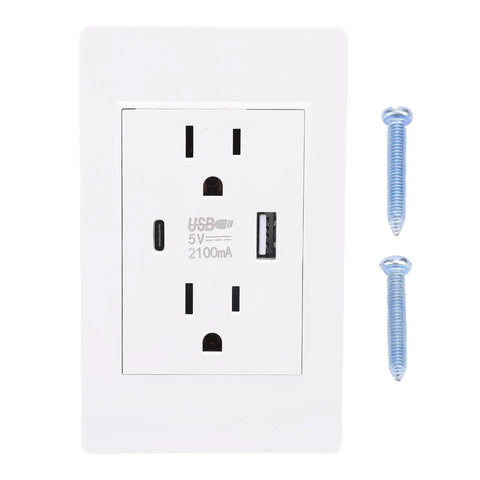 Slick Dual USB Wall Outlet With Type C Port, heavy-duty flame retardant PC faceplate electrical receptacle with screws.