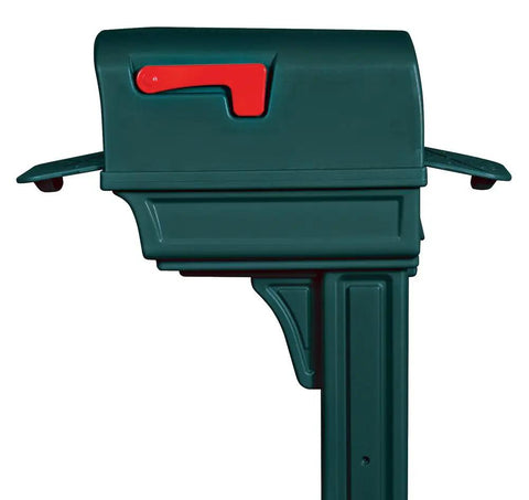 Side view of Big Capacity Double-Wall Plastic Green Mailbox And Post Combo Kit, All In One, Rust-Proof Build, UV Shielded Finish.