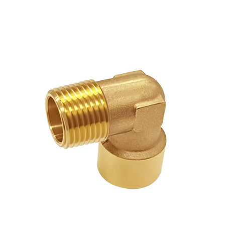Top Shelf 2 Piece Brass Street Elbow Pipe Fitting 90 Degree 1/4 Inch Npt Male Female Connection Heavy Duty Forged Plumbing Hardware, close-up view.