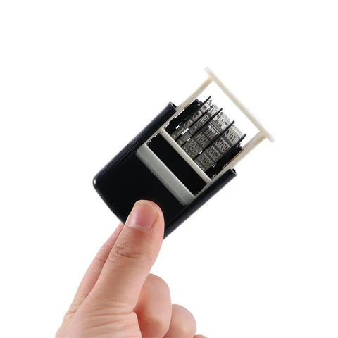 No Sweat Smooth Self Inking Date Roller Stamp With Crisp Adjust Dial Rugged Abs Alloy Frame in hand showing adjustable rollers.