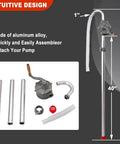 Built Rock Solid All Aluminum Manual Drum Pump For No Mess Pumping Of Oil Diesel Kerosene Hydraulic Fluid Fits 5 To 55 Gallon Barrels Fast Setup Heavy Duty Performance Guaranteed, showing pump components and assembly.