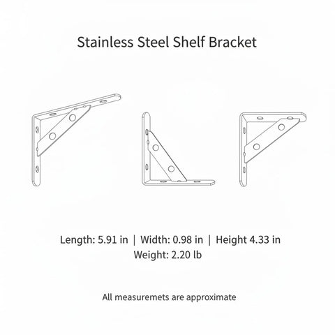 Diagram of Easy Install Stainless Steel Shelf Bracket Wall Mount For Garage Kitchen Bathroom Storage with dimensions.