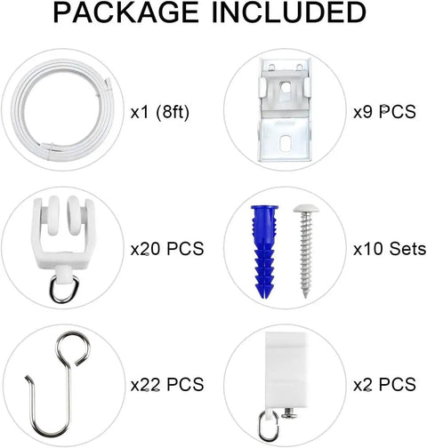 Flexible Ceiling Curtain Track System For Ceiling Mounted Sliding Rail Made For Quick No Sweat Install 8ft Track With All Hardware Cut To Size With Hacksaw Heavy Duty Metal Plate For Strong Lateral Support And Smooth Quiet Curtain Movement. package included: 8ft track, brackets, hooks, screws, anchors, and carriers