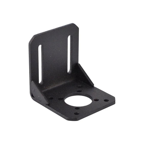 Black alloy steel stepper motor mounting bracket with circular base hole and vertical mounting slots.