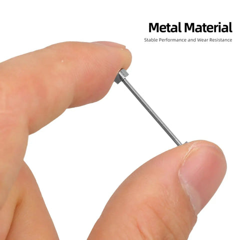 Hand holding Two Pack Screw In Metal Watch Band Pins 0.98 X 0.15 Inch Replacement Link Rods For Sturdy Watch Straps Handy Repair Tools for watchmakers.
