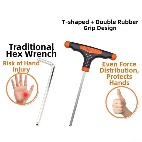 UrbanHui Orange T-Handle Hex Key Wrench Set Features 11 Precision Sizes Made From Durable Chromium Vanadium Steel For Tough Jobs And Pro Grade Torque Delivery Every Time You Fix Stuff Around The House. T-handle hex key wrench with double rubber grip and ball end