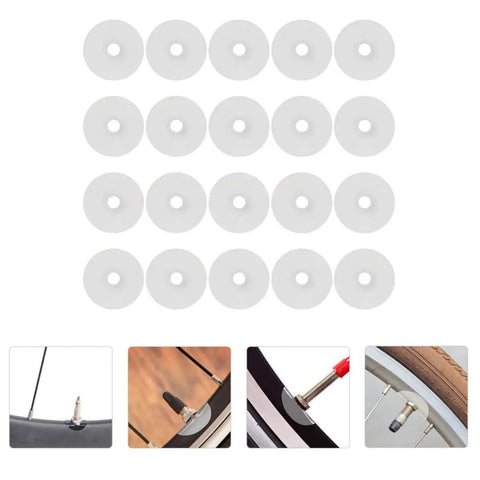 30 Pack Heavy Duty Mountain Bike Valve Stem Pads For Hella Secure Seals And Zero Leaks showing white pads for tubeless tire use.