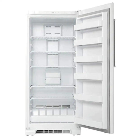 Hella Roomy White Upright Freezer With 16.7 Cubic Feet Of Storage displaying spacious interior and adjustable shelving.