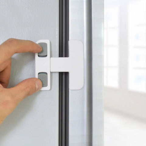 Kidproof Fridge Lock For Cabinets And Drawers Anti Pinch Plastic Strap Latch Self Adhesive Cabinet Lock in use on a fridge door