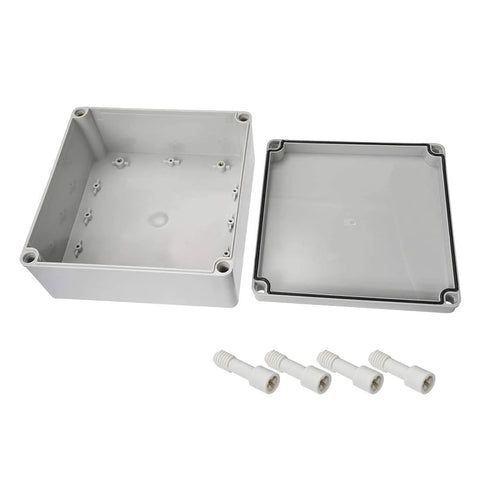 Open junction box: DJC Supply Co. weatherproof PS plastic 6x6x3 in; interior mounting bosses and four conduit adapters