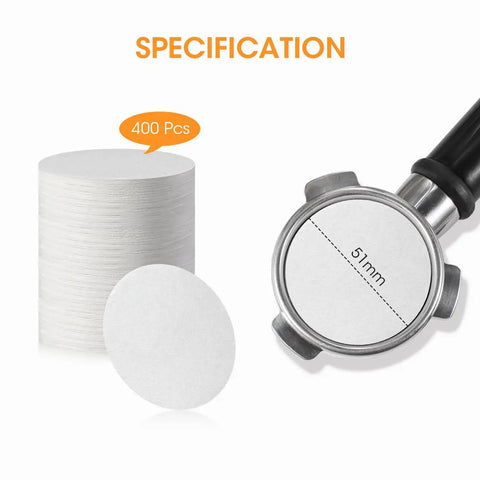 51Mm Espresso Filter Paper For Portafilter Pucks, 400 Count, Fits Barista Express And Similar Espresso Makers, shown with portafilter.
