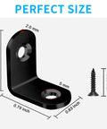Heavy Duty L Bracket Corner Brace 40 Piece Set Includes 80 Screws Small Stainless Steel Right Angle 90 Degree Support For Woodworking Shelves and Diy Projects Built Tough And Hella Durable close-up of dimensions and screw