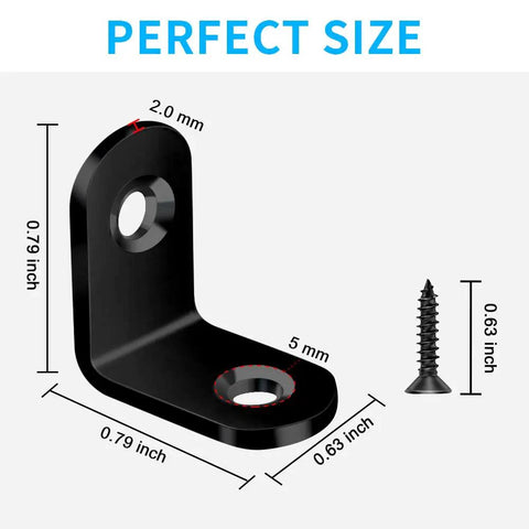Heavy Duty L Bracket Corner Brace 40 Piece Set Includes 80 Screws Small Stainless Steel Right Angle 90 Degree Support For Woodworking Shelves and Diy Projects Built Tough And Hella Durable close-up of dimensions and screw