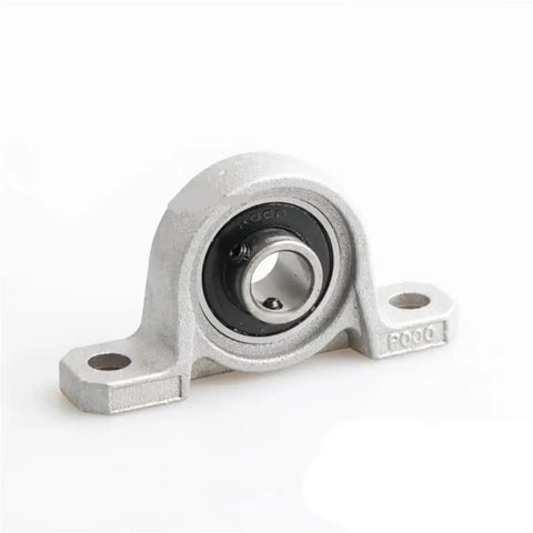 Thinking Process: silver metal pillow block bearing unit with black insert, front view, for shaft support