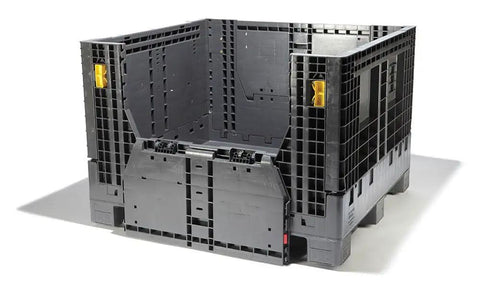 Heavy Duty Collapsible Bulk Container 2000 Pound Capacity Stackable Dump Bin with dual side access doors, shown from the front.