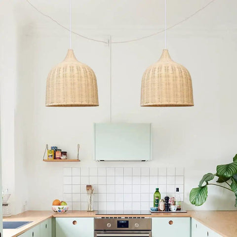 Natural Rattan Woven Pendant Light 13.78 Inch Handmade Ceiling Fixture For Kitchen Island Dining Room Hallway Foyer Dome Shade Chandelier Warm Cozy Vibe Lighting Easy Install Eco Friendly Home Decor above kitchen counter