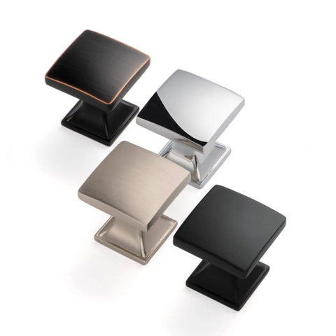 Oil Rubbed Bronze Cabinet Knobs 20 Pack Small Square Single Hole Drawer Pulls for Cabinets Drawers Dresser Cupboard and Vanity Dope Solid Metal Hardware, multiple finishes shown in a set of four.