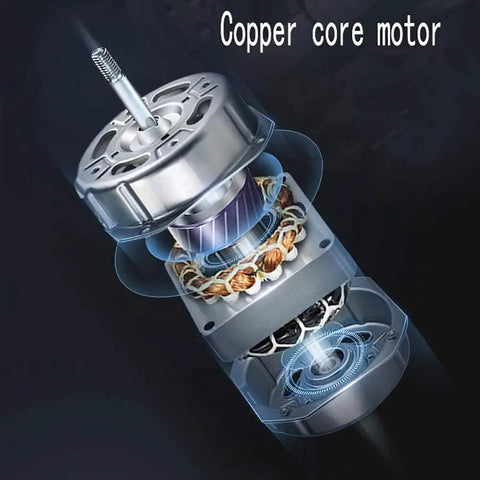 Copper core motor close-up, part of the Heavy Duty Standing Mist Fan With Slick Pure Copper Motor Delivers High Pressure Water Cooled Outdoor Spray.