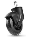 Five Piece Set Of Three Inch Universal Mute Office Chair Caster Wheels Featuring Soft Polyurethane Rollers That Glide Like Butter On Hardwood Floors Quick Swap Heavy Duty Silent Swivel Replacement Casters close-up of black caster wheel with polyurethane tread.
