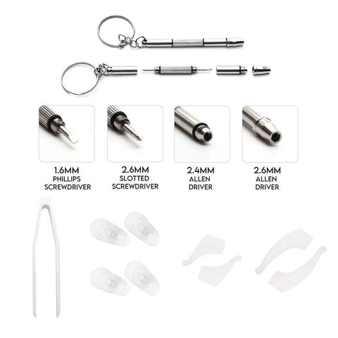 Eyeglass Repair Kit With Ten Style Precision Screwdrivers Seventy Tiny Screws Four In One Portable Driver Two Pairs Ear Hooks Two Pairs Nose Mounts Tweezers And Cleaning Cloth Rotating Head For 360 Degree Glasses Fix For Quick Fixes On The Go, keychain set