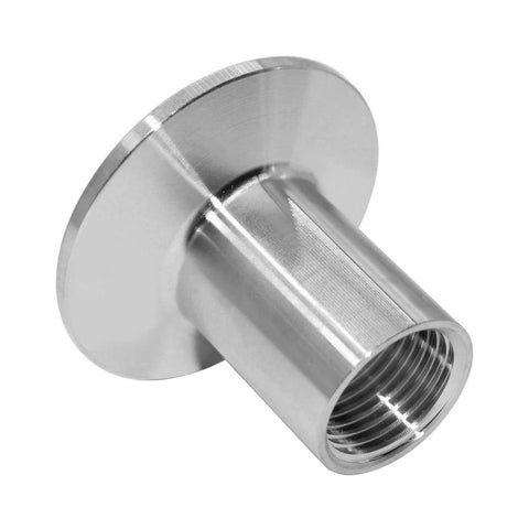 Stainless steel 1.5 in tri-clamp to 1/2 in NPT female sanitary fitting ferrule, close-up