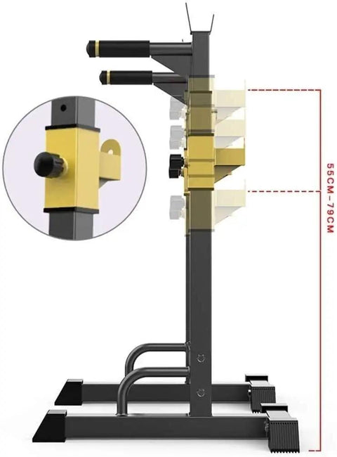 Side view of Adjustable Dip Stand And Squat Rack For Home Gym, details of height adjustability, sturdy steel frame construction.