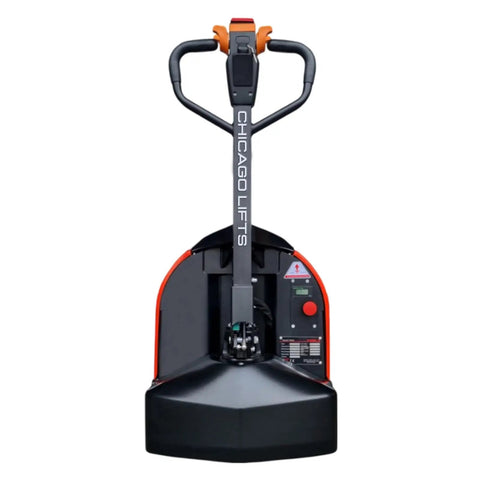 Top Rated 48 Inch By 27 Inch Full Electric Pallet Jack With Lithium Ion Battery, front view showing controls and sturdy design.