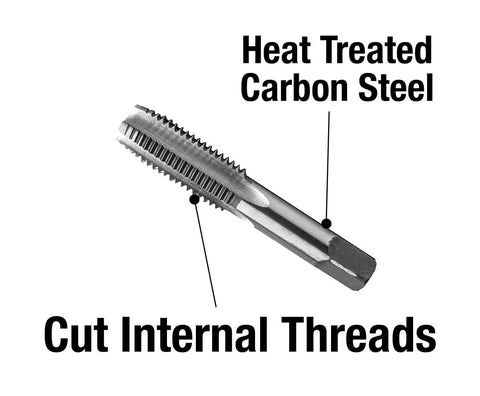 Five Sixteenth Twenty Four Inch Tap And Drill Set With Plug Style Tap showing heat treated carbon steel and cut internal threads feature