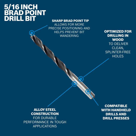 5/16 Inch Brad Point Drill Bit with sharp tip for accurate wood drilling, optimized for clean holes and compatible with portable drills.