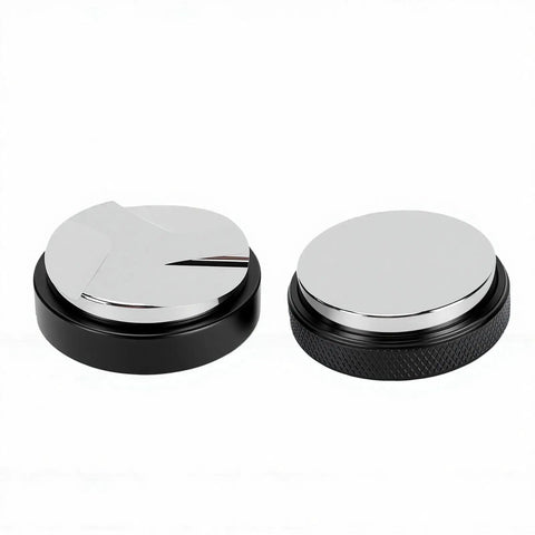 Top Shelf Espresso Setup 51mm Spring Loaded Tamper Set with two polished steel tampers on black bases, ideal for espresso brewing.