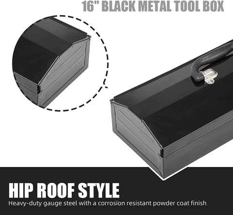 Rugged Hip Roof Portable Steel Tool Box With Metal Latch Closure, 16.7 Inch L X 6.9 Inch W X 4.9 Inch H, Black Finish, Easy Carry Handle