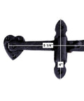 Black Wrought Iron Gate Flip Latch 4 Inch Tall Decorative Antique Heart Style with mounting hardware, top view