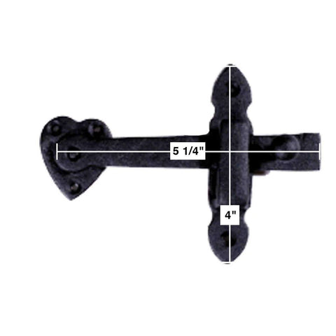 Black Wrought Iron Gate Flip Latch 4 Inch Tall Decorative Antique Heart Style with mounting hardware, top view