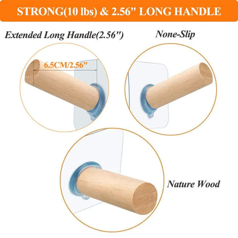 Adhesive Hat Hooks Set 10 Lb Capacity Wall Rack For Baseball Caps Snapbacks Visors Cowboy Hats And More With Extended Wooden Pegs Perfect For Closets Doors And Entryways 8 Pack showing 2.56 inch wooden peg detail.