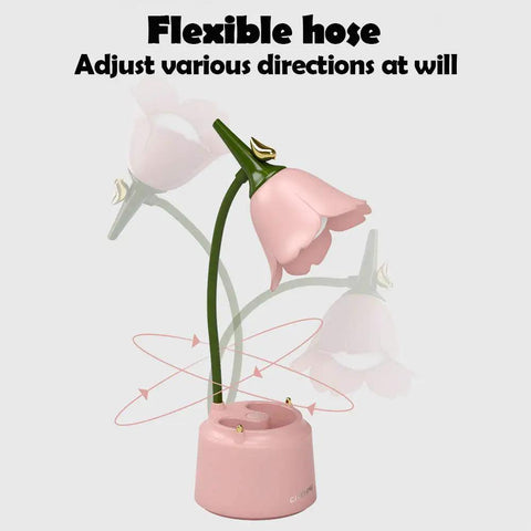Pink Desk Lamp With Rechargeable LED And USB Charging, showcasing flexible gooseneck and flower design in dorm room setting.