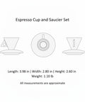 Espresso Cup And Saucer Set size dimensions showing 3.98 in length, 2.80 in width, 2.60 in height, 3.4 ounces, Classic White Bone China Espresso Cup And Saucer Set Designed For Your Daily Coffee Grind Holds 3.4 Ounces Of Precision Shots For Smooth Kitchen Vibes.