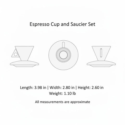 Espresso Cup And Saucer Set size dimensions showing 3.98 in length, 2.80 in width, 2.60 in height, 3.4 ounces, Classic White Bone China Espresso Cup And Saucer Set Designed For Your Daily Coffee Grind Holds 3.4 Ounces Of Precision Shots For Smooth Kitchen Vibes.