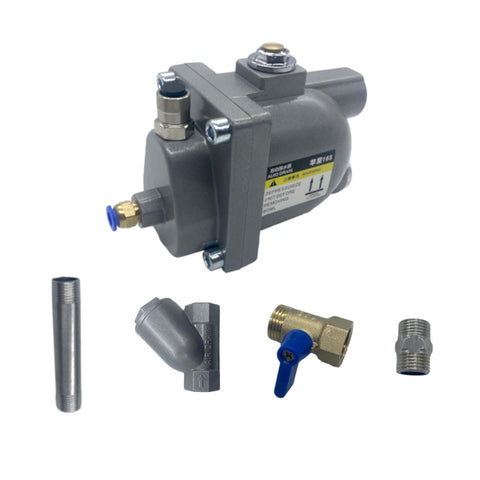 Automatic Drain Valve For Air Compressor G1/2 Inch 1.6 MPa Drainer with aluminum shell, showing various fittings and connectors.